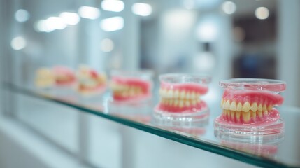 Fototapeta premium Multiple dental prosthetic models displayed on glass shelf