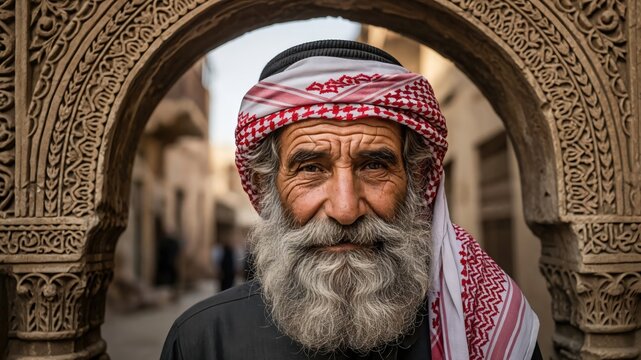 Senior Arab man in traditional red shemagh standing under ornate historical arch in old city