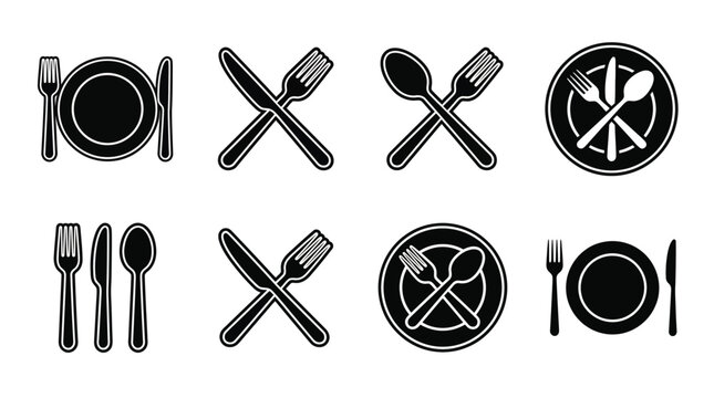 Elegant black cutlery and dinnerware icons set forks knives spoons and plates for restaurant or catering design