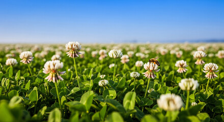 Fototapeta premium Field of white clover flowers under clear blue sky in summer 
