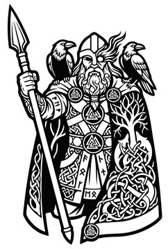 Odin Allfather Norse Mythology God with Spear and Ravens, Viking Warrior Chieftain Vector Silhouette with Runes and Valknut Symbols for Tattoo Flash, Apparel, and Merchandise