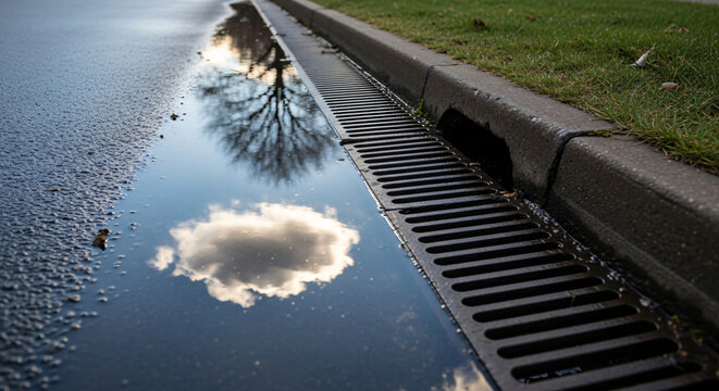 Reflection of clouds and trees in water by street gutter