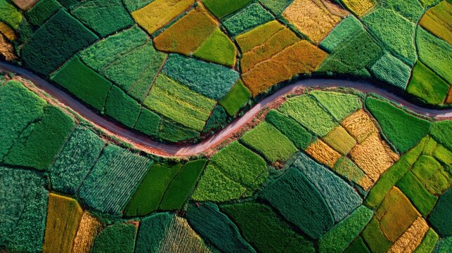 Top View of Patchwork Farmland With Winding Road in Green and Gold Fields Showcasing Abstract Agricultural Layout From Drone Perspective