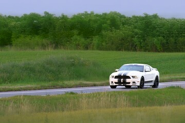 Performance American muscle car in rural setting