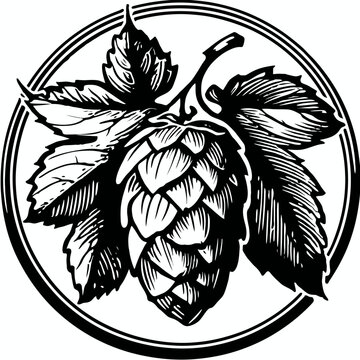 A black and white drawing of a hop cone with leaves inside a thick double circle