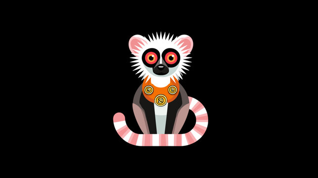 A stylized illustration of a ring-tailed primate with white fur, big orange eyes, and striped tail