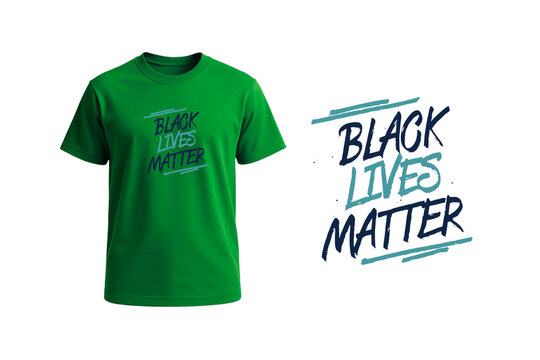 A green t-shirt with a Black Lives Matter logo on a white background