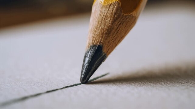 Macro close up of graphite pencil tip drawing a line on white paper
