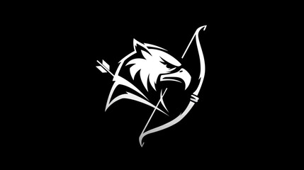 Fototapeta premium A monochrome illustration features a stylized eagle with bow and arrow, on a black backdrop