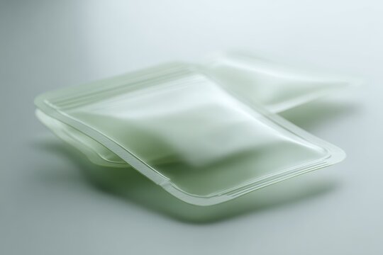 Bio-plastic packaging mockup, translucent and matte, organic shapes, green tech