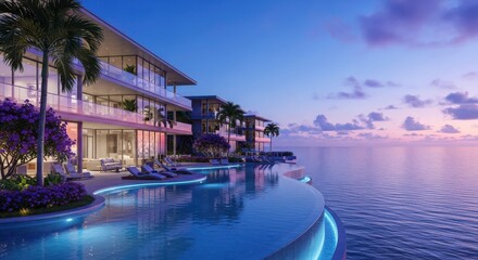 Obraz premium serene tropical resort infinity pool overlooking ocean at dusk
