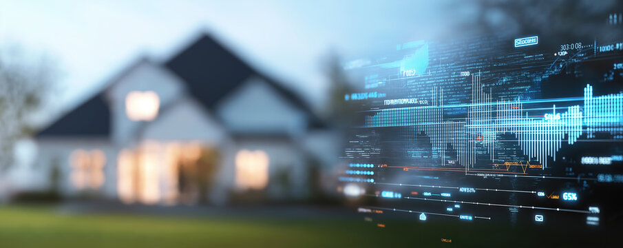 Modern residential house with futuristic digital data overlay visualization representing smart home technology and analytics.