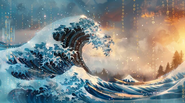 Vibrant blue wave of binary code with numeric foam on ocean backdrop for digital transformation