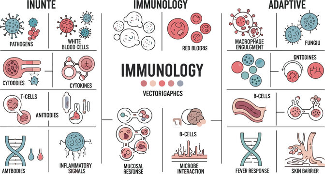 Immunology infographic vector illustration showing immune system components including antibodies, B cells, T cells, pathogens, cytokines and adaptive immune response education chart