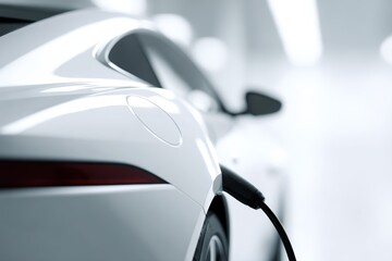 Naklejka premium Electric vehicle (EV) charging cable plugged into a sleek white car, modern home garage, tech style, clean aesthetic