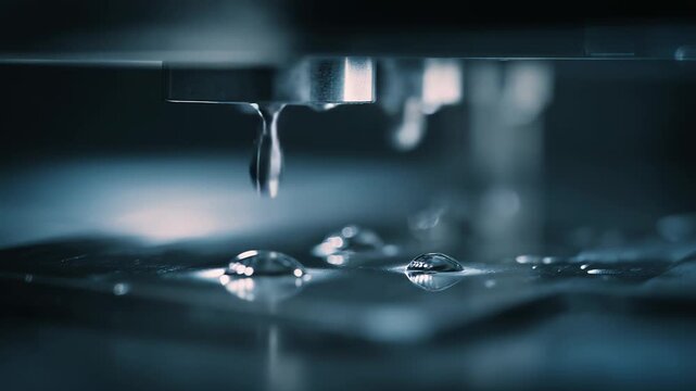 Liquid droplets forming on a non wetting surface, reflecting light and creating a detailed texture in a scientific laboratory setting, highlighting precision and technology