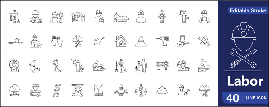 Construction and Labor Line Icons Set &ndash; Workers, Tools and Safety Equipment Editable Stroke Vector illustration | 40 Icon Pack | Labor Minimal Outline Vector Icons Set