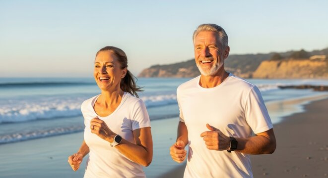 middle aged couple jogging on beach at sunrise