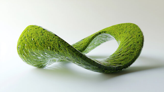 Mobius strip sculpture wrapped in green moss - Generative AI