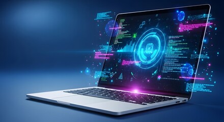 Fototapeta premium A futuristic laptop with a vibrant neon lit screen displaying digital patterns and codes