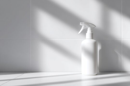 White cosmetic trigger sprayer bottle mockup, direct sunlight, sharp shadows, minimalist bathroom aesthetic