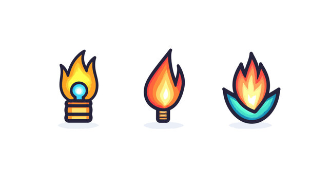 Three stylized flames, each unique in form, representing fire in different ways on white background