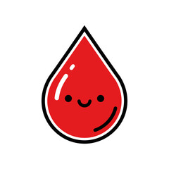 Fototapeta premium Cute cartoon red blood drop with a happy smiling face and a black outline on a white background, representing health and vitality.