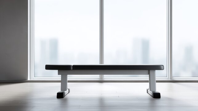 Adjustable weight bench in a bright modern room, large windows, minimalist professional setup