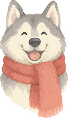 A smiling husky dog wearing a scarf watercolor illustration © madebycan
