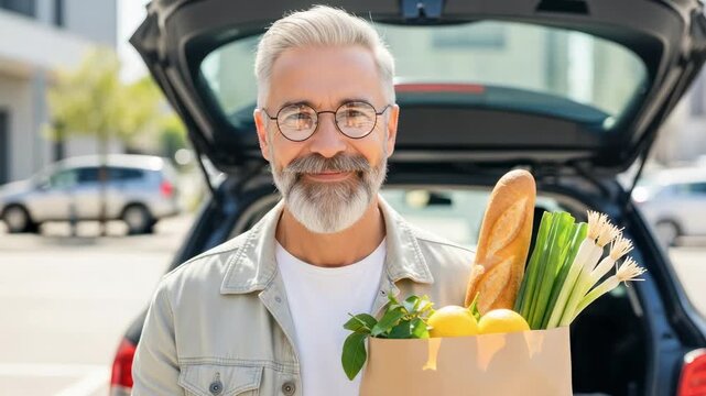 Senior man with gray beard smiles while holding grocery bag filled with fresh produce and bread near open car trunk in a parking lot