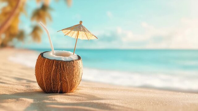 Coconut drink with straw and umbrella on sandy beach, ocean waves gently lapping in the background under a bright sunny sky