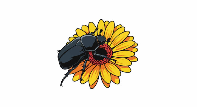 A dark beetle rests on a bright yellow and orange flower