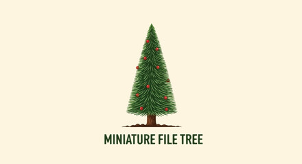 Fototapeta premium A small, decorated evergreen tree with red ornaments sits on a light background