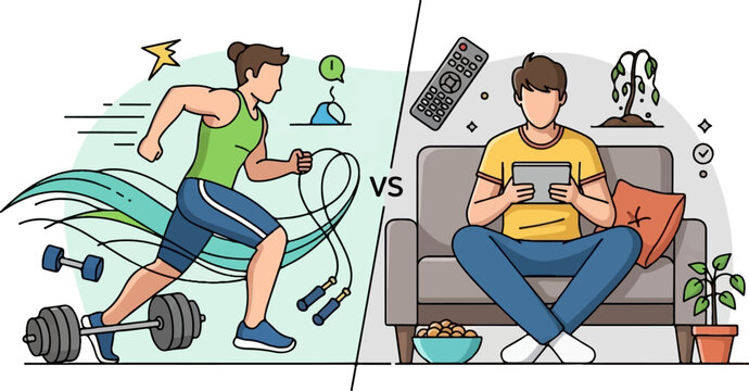 Active versus sedentary lifestyles contrasted, healthy habits versus leisure