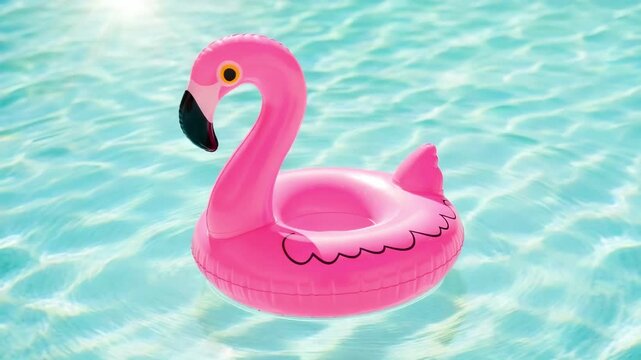 Pink flamingo inflatable pool float gently bobbing on clear blue water, sunlight reflecting off the surface creating a vibrant summer scene