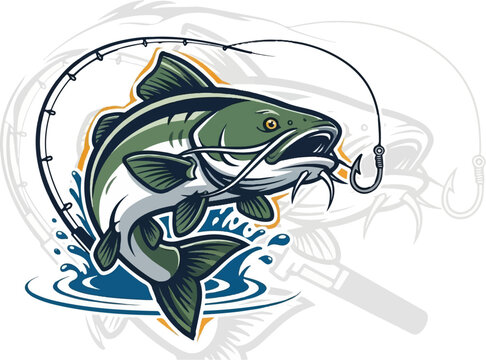 A dynamic illustration of a catfish leaping from water, hooked on a line