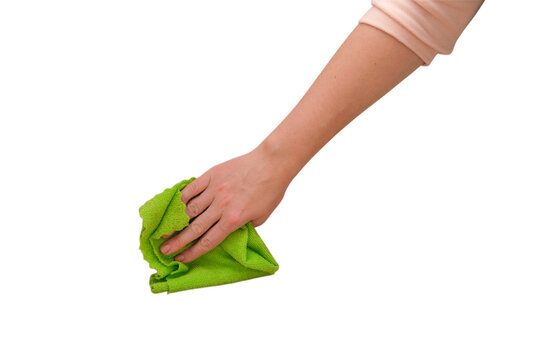 Woman hand wiping surface with green microfiber cloth. Housekeeping and cleaning concept. Hygiene and household chore. Isolated transparent background for easy editing and commercial design.