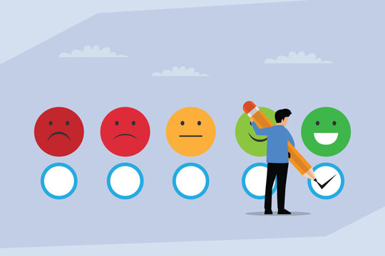 Man Giving Positive Feedback on Customer Satisfaction Survey with Emoticons and Pencil Concept 2d flat vector illustration