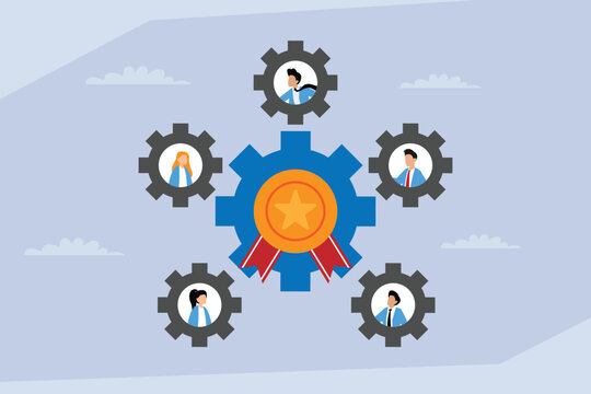 Diverse Professional Team in Cogs and Gears Working Together to Achieve Gold Medal and Business Excellence 2d flat vector illustration