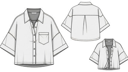Vector CAD design style illustration of a short-sleeved button-down shirt