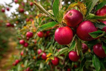 Obraz premium Crimson apples ripening on branches, orchard scene