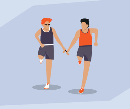 Blind Runner with Sighted Guide Running Together, Inclusive Para-Athletics and Track Sports 2d flat vector illustration
