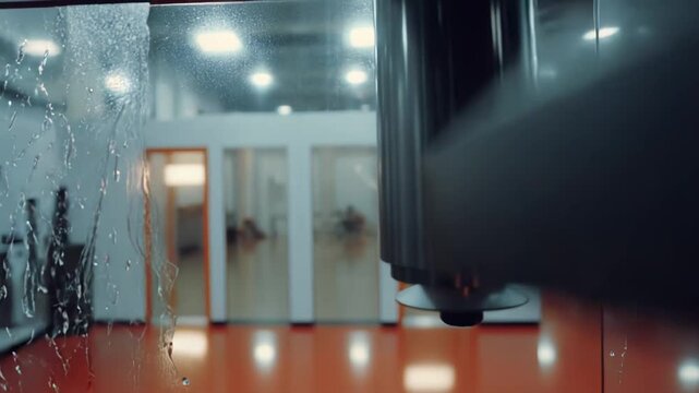 Automated industrial robot machining glass in a clean modern factory, precision cutting with water cooling and blue reflections, no people, advanced smart manufacturing systems