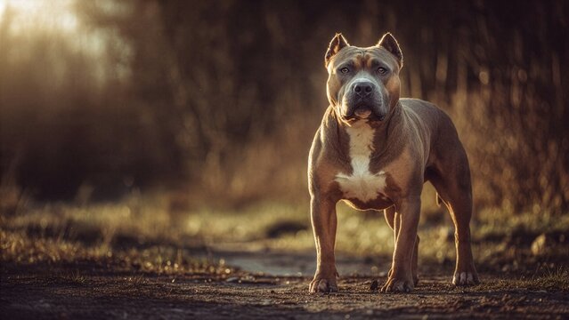 Strong pocket bully dog standing outdoors at golden hour, muscular loyal pet portrait with dramatic light and natural background blu