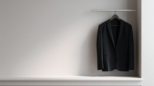 3D render of a minimalist wardrobe with one perfect black suit, Essentialism concept