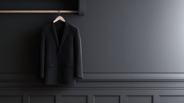 3D render of a minimalist wardrobe with one perfect black suit, Essentialism concept