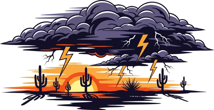 Desert sunset storm with lightning strikes over cacti silhouettes