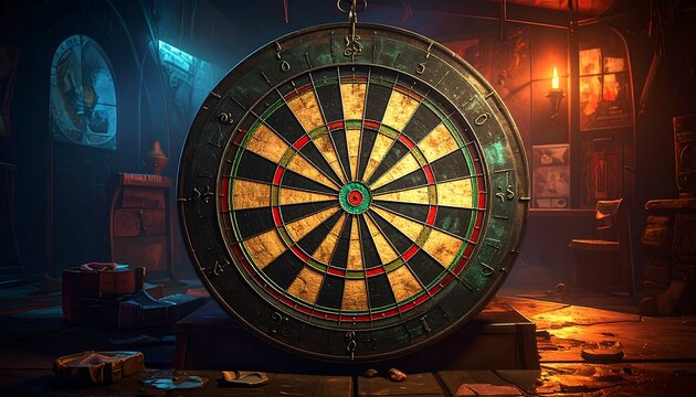 A dimly lit dartboard hangs in a rustic room