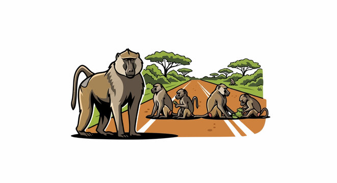 Several baboons are on a dirt road in a savanna landscape