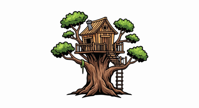 A whimsical wooden treehouse perches atop a sturdy, ancient tree